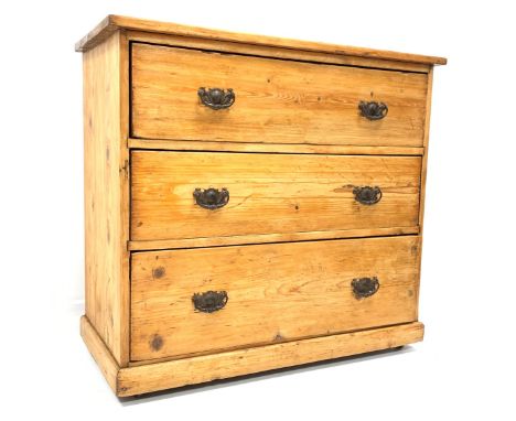 19th century varnished pine chest with three long graduating drawers, skirted base, brass castors, (W95cm, H87cm, D44cm) toge