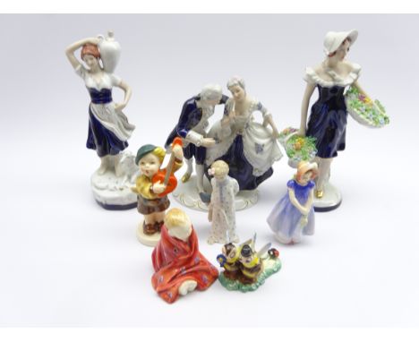 Three Royal Dux figures - Flower Girl, Female Water Carrier and Courting Couple in 18th century style costume, another smalle