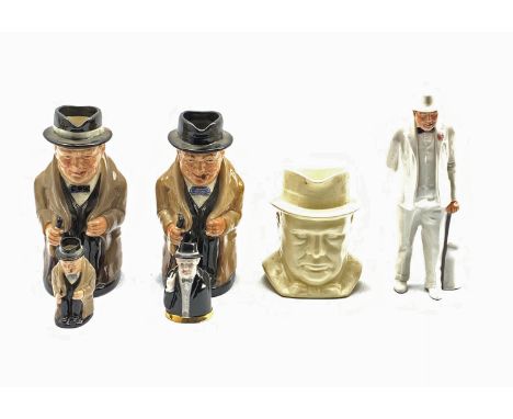 Royal Doulton figure 'Sir Winston Churchill' HN3057, three Doulton Winston Churchill character jugs in two sizes, Worcester l