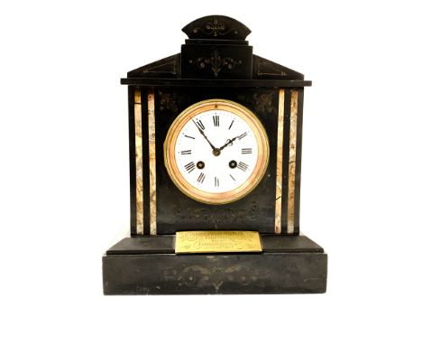 Victorian slate architectural mantel clock, with incised decoration, marble detail, enamel dial, bearing brass plaque, W26cm 