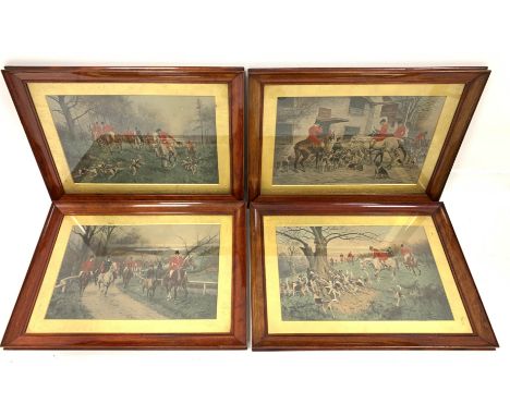 After George Wright (British 1860-1942): Fox Hunting, four lithographs hand coloured 34cm x 50cm, in original matching oak fr