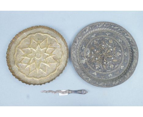 A Bidri ware tray together with a Siamese dagger and one other similar tray