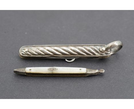 A Victorian silver pocket folding knife and button hook, having gadrooned or cabled grip scales, the blade by Harrison Brothe
