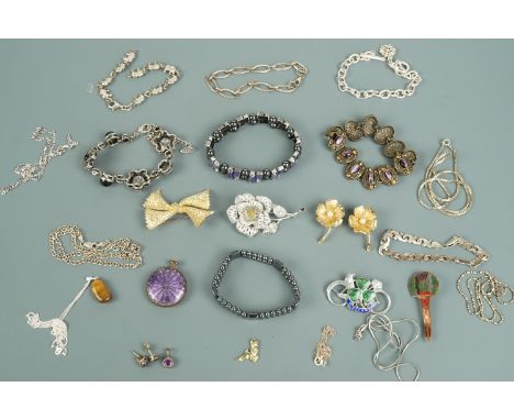 Vintage and contemporary silver, white metal and costume jewellery including a tiger's eye mineral pendant necklace, a Babych