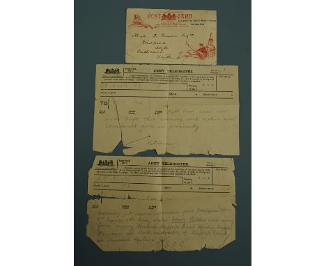 A Feb 1900 postcard bearing the stamp of Ladysmith Seige Post Office, together with two Boer War Army Telegraphs notifying of