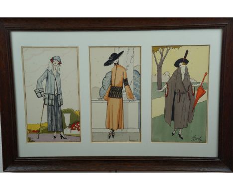 Three 1920s chromo-lithographic fashion prints depicting ladies of high fashion, in card mount and period oak frame under gla