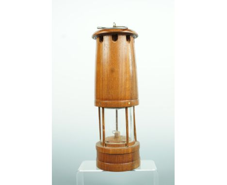 A model miner's safety lamp turned from Malabar teak salvaged from HMS Trincomalee, 24 cm excluding hanger