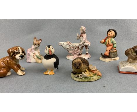 A quantity of ceramics including a Hummel figure, Puffin figure, Teviotdale hedgehog, Beswick Beatrix Potter figure, West Ger