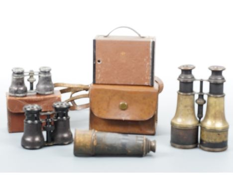 Three sets of late 19th / early 20th Century binoculars, a telescope and box Brownie camera
