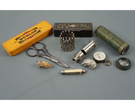 Sundry small collectables including a 19th Century lacquered snuff box, Victorian steel scissors, compass, telescope, Beaufor