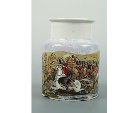 A mid-19th Century Crimean War commemorative Pratt ware meat paste pot "Charge of the Scotch Greys at Balaklava"