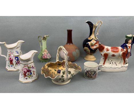 Ceramics including a Zsolnay basket (a/f), Staffordshire figurine (a/f), Armistice mug, vase and jugs