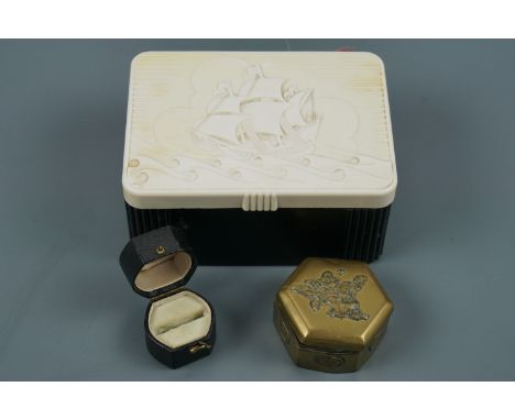 An early-to-mid 20th century Japanese brass trinket box, a 19th Century ring box and a 1930s composition table box, latter 12