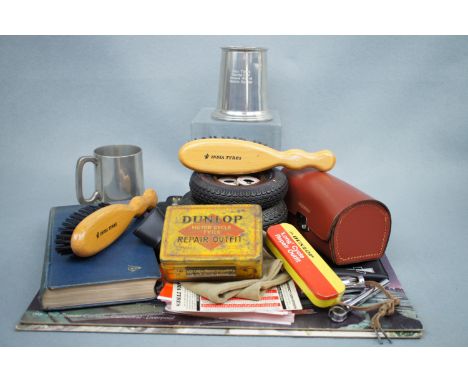 Three Dunlop prints together with two India tyres ashtrays, book etc.