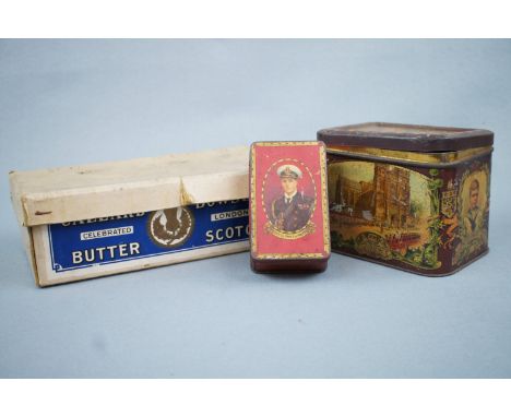 Vintage packaging comprising Thorne's Extra Super Creme Toffee HRH Prince of Wales and 1902 Coronation tinplate boxes togethe