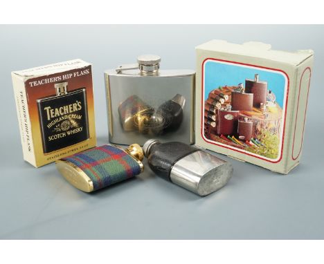 A small Victorian leather-covered hip flask with Britannia metal cup, together with four other Scottish whisky and other flas