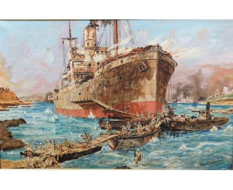 Percy Billington (1910 - 2006) Landing at Gallipoli, April 25, 1915", the SS River landing troops at Clyde at V beach, Cape H