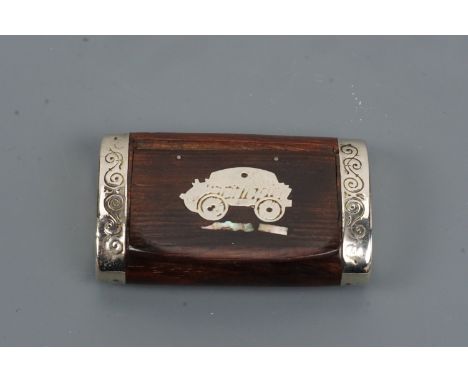 A rosewood snuff box by G Smith &amp; Sons of London, the lid bearing an inset representation of a motor car
