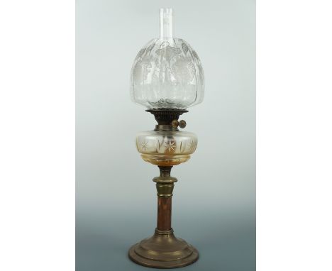 A Victorian columnar oil lamp with cut glass reservoir and etched glass shade