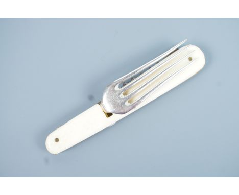 An early 20th Century campaign or travelling folding combination fork and corkscrew, having bone grip scales