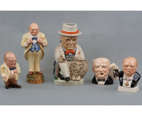 Five Winston Churchill commemorative ceramic figurines and character jugs 