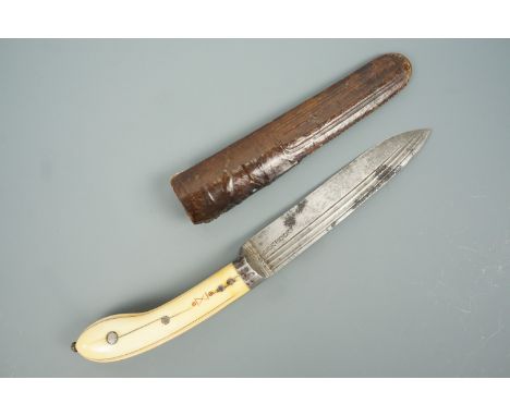 An antique ethnic dagger having an ivory "pistol" grip and double-fullered, subtly curved single-edged blade, in tooled leath