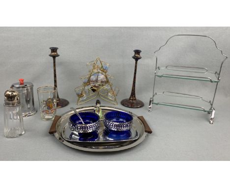 A Lundtofte of Denmark stainless steel tray, a Celtic electroplate cake stand, commemorative glass beaker, a pair of candlest