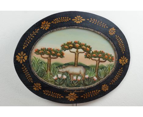 Marie Amalia (b 1961, French) A rhinoceros under fruit trees, reverse-painted on glass in oil, in oval planar frame, the latt