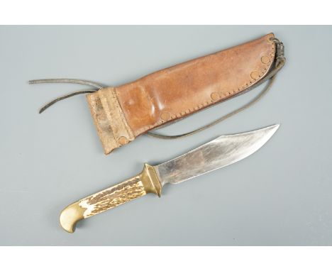 A Bowie knife with antler grip scales, 28 cm overall