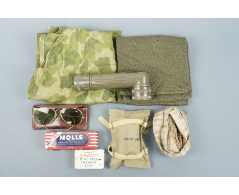 US army kit including an angle-headed torch, machine gun belt, parachute canopy fabric etc