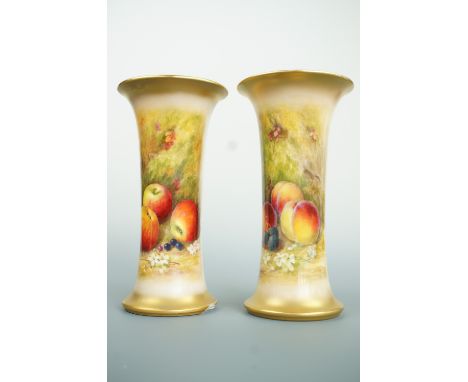 A pair of Royal Worcester fruit study vases, hand decorated by William Ricketts, shape G923, 1928-30, 19 cm (approx 2cm chip 