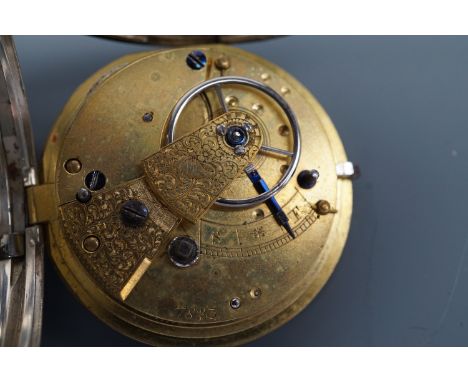 A Victorian key-wound silver pocket watch, having an engine-turned silver face with gilt Roman numerals and Breguet hands, 43