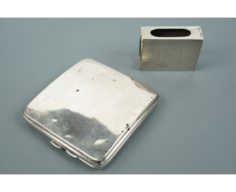 An engine-turned silver matchbox holder together with a silver cigarette case, 139 g
