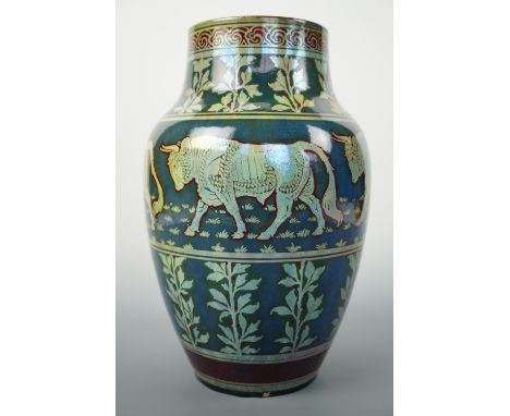 Richard Joyce for Pilkington, a Royal Lancastrian lustre vase, of shouldered form and decorated in depiction of bulls, circa 