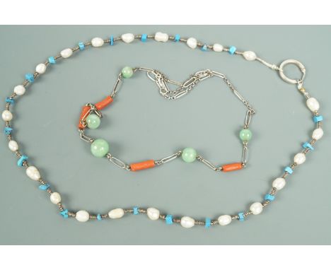 Two vintage necklaces set respectively with freshwater pearls, turquoise, branch coral and jade beads