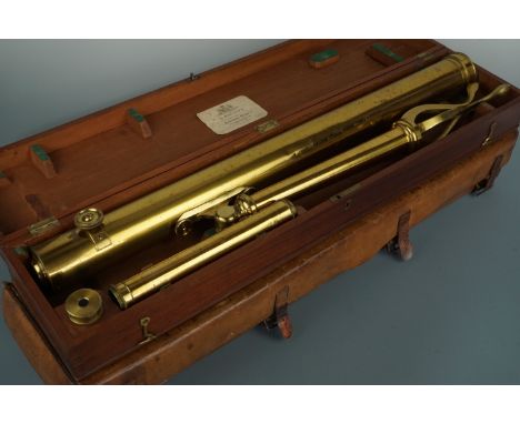 A Victorian brass 2-inch refracting telescope by Dollond, on tripod stand in mahogany and hide cases