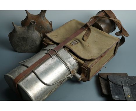 A group of Great War French army accoutrements including pouches, pack, food cans etc