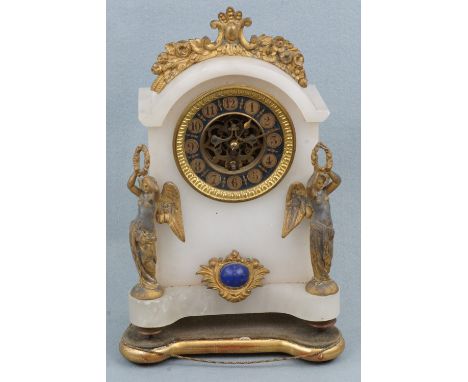 A 19th Century French alabaster table clock, of arched form with gilt metal and enamelled figural mounts including a pair of 