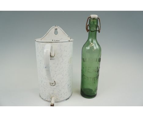 A French enamel measure and bottle