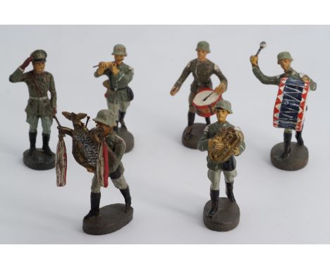 Six German Third Reich Elastolin army musicians with an officer