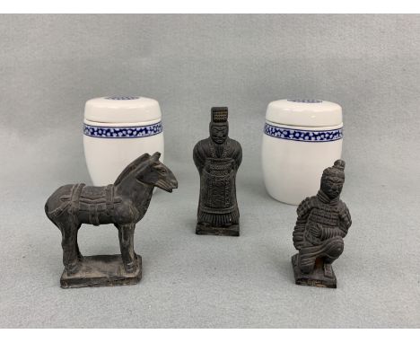 Two ginger jars and three Chinese miniature terracotta army figures