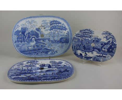 Three 19th century blue and white transfer printed drainers comprising Spode Castle pattern with an Italian scene of the Gate