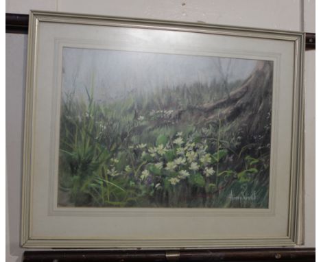 Michael R Humphries, pastel study of primroses and violets at the base of a tree stump, signed, verso paper artist's label, 3