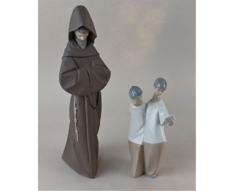 A Lladro porcelain gres finish figure of 12060 'Monk' 34cm high, boxed, together with a Lladro porcelain model of two choir b