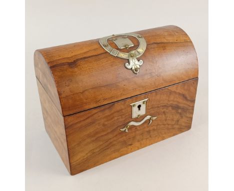 A Victorian walnut and metal mounted tea caddy, the domed lid with vacant cartouche, enclosing two division interior 22cm
