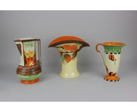 A Myott, Son &amp; Co. hand painted vase of flared trumpet form, decorated with a branch, 21cm high, together with two Myott,