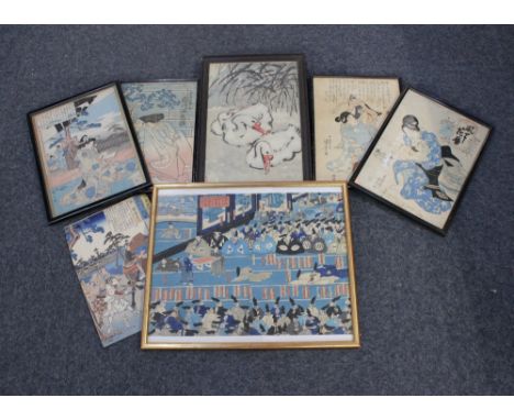 A collection of eight Japanese woodcut prints (five framed) including after Kunisada, each with calligraphy and seal marks 35