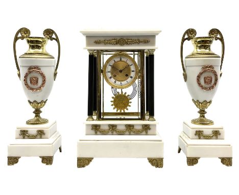 French - Late 19th century 8-day mantel clock in the Empire style, with matching white marble garniture de chiminea, two part