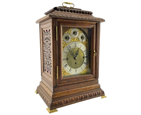 English - Edwardian oak 8-day bracket clock, three train fusee movement sounding the quarters on 8-bells and the hour on a co