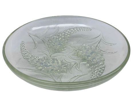 Rene Lalique 'Veronique' shallow glass bowl, moulded with three veronique flowers, the base of each stalk forming the feet, m